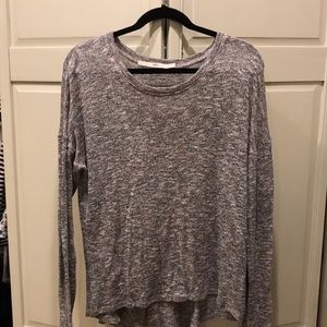gray sweater with back button opening